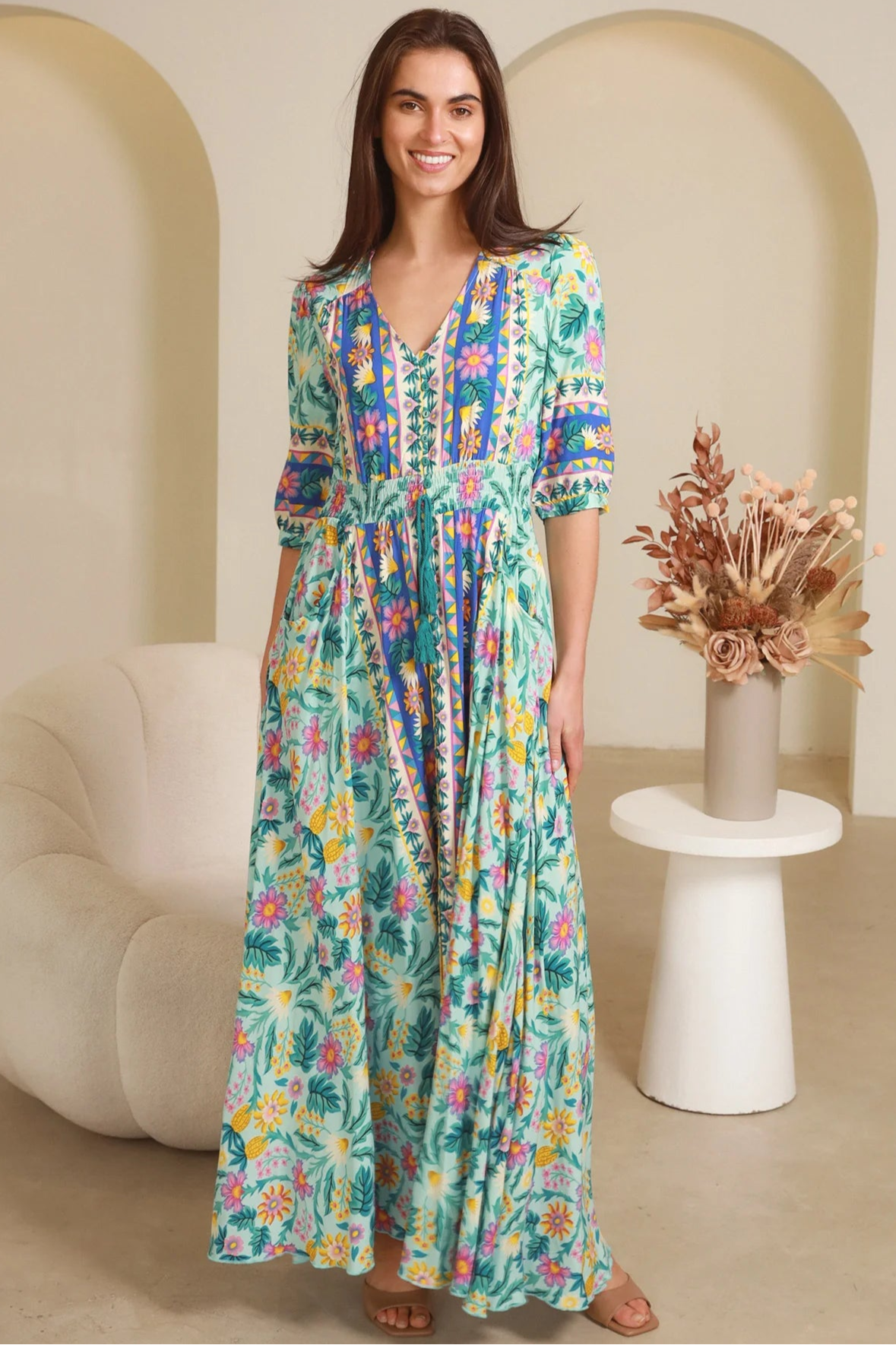 Violetta Maxi Dress in mint aqua with magenta florals border print button-through waist tie half sleeves - boho maxi dress Australia