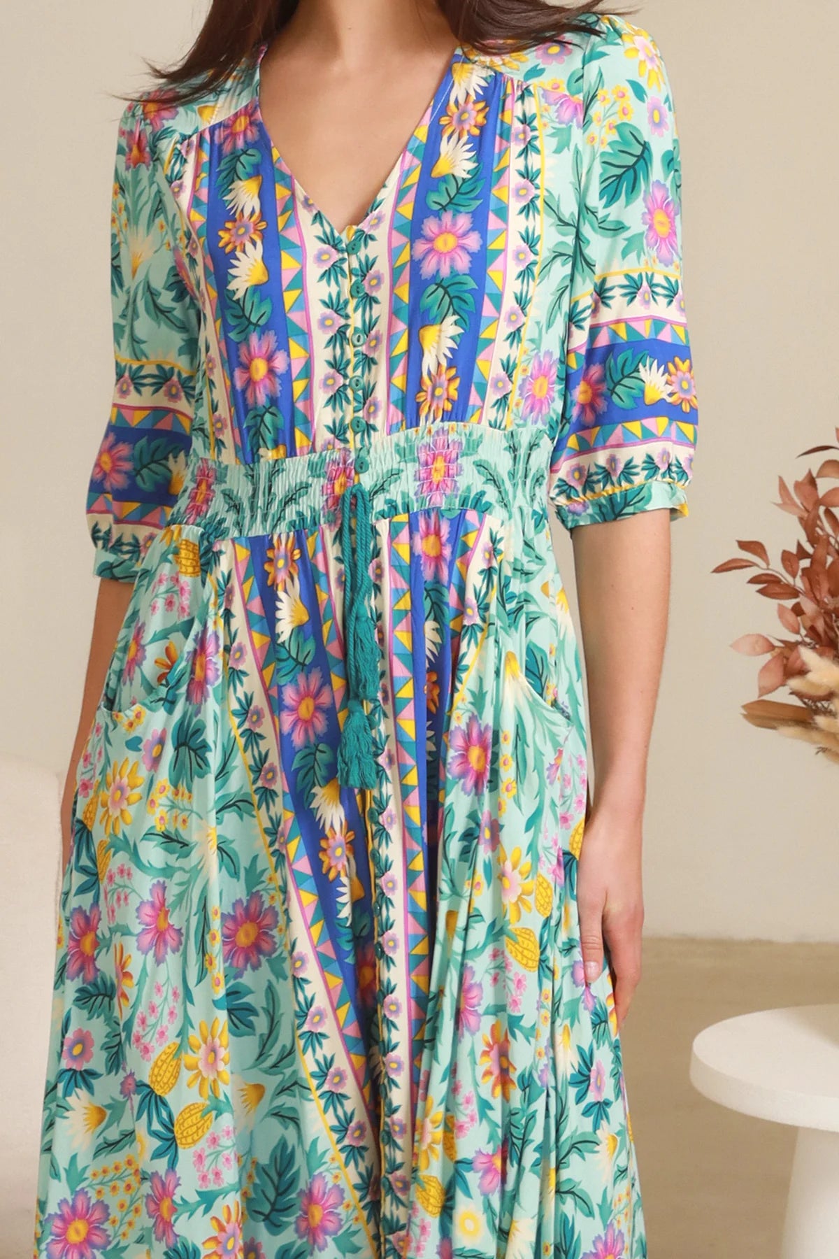 Violetta Maxi Dress in mint aqua with magenta florals border print button-through waist tie half sleeves - boho maxi dress Australia