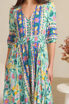 Violetta Maxi Dress in mint aqua with magenta florals border print button-through waist tie half sleeves - boho maxi dress Australia