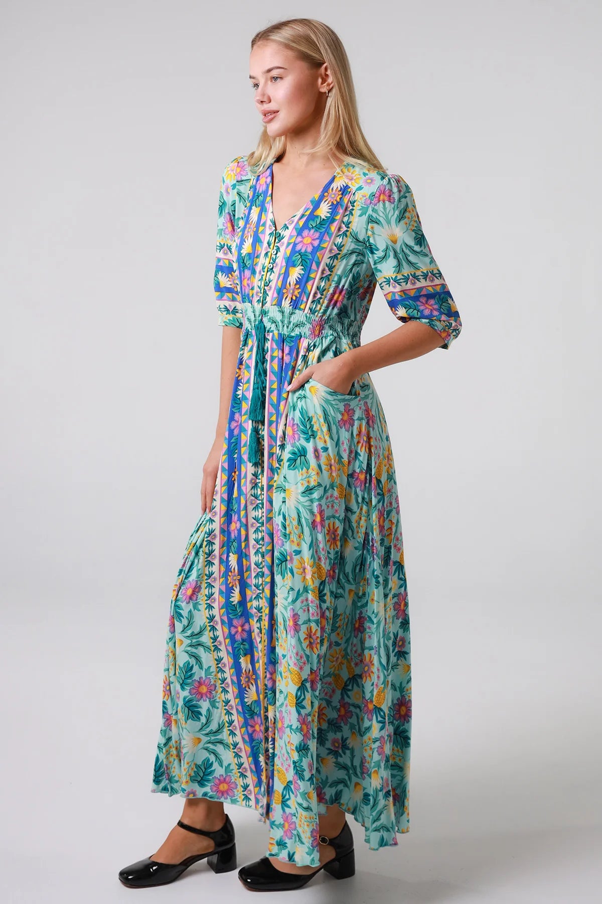 Violetta Maxi Dress in mint aqua with magenta florals border print button-through waist tie half sleeves - boho maxi dress Australia