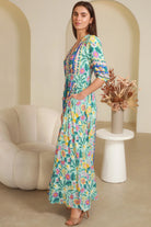 Violetta Maxi Dress in mint aqua with magenta florals border print button-through waist tie half sleeves - boho maxi dress Australia