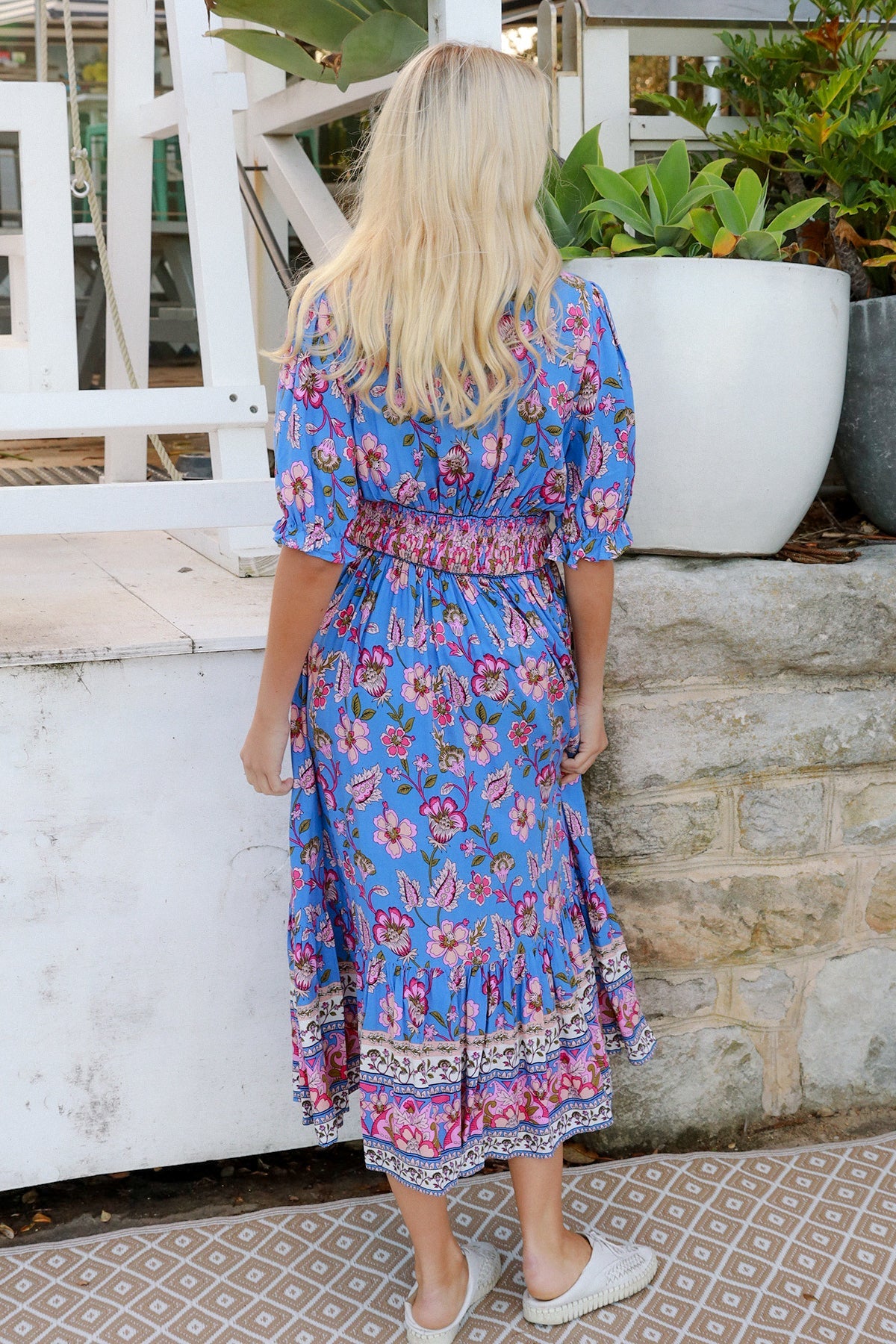 Indigo Periwinkle boho midi dress in rayon with pink and lilac florals and border-print frill hemline - Bluebell Riviera