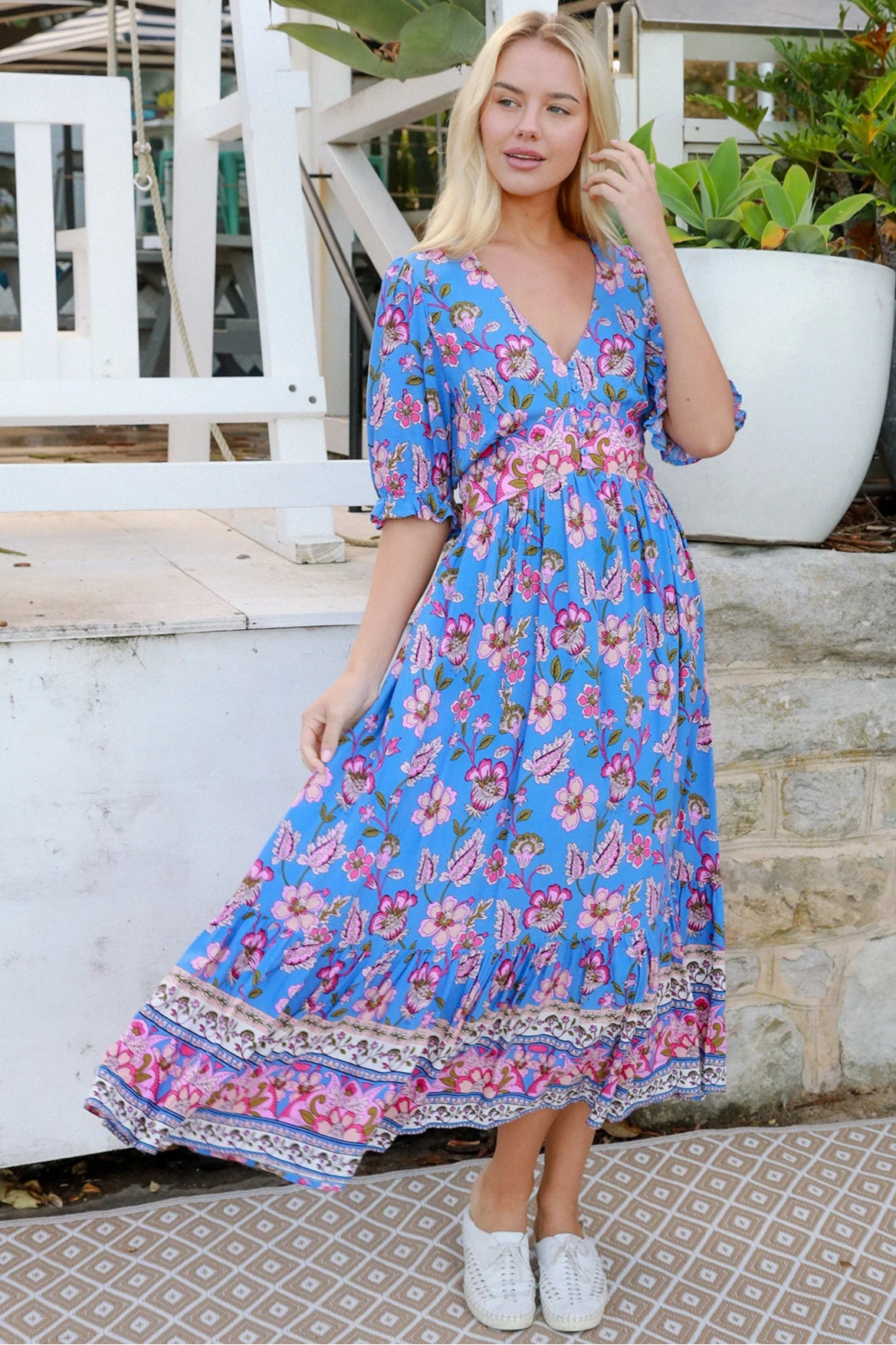 Indigo Periwinkle boho midi dress in rayon with pink and lilac florals and border-print frill hemline - Bluebell Riviera