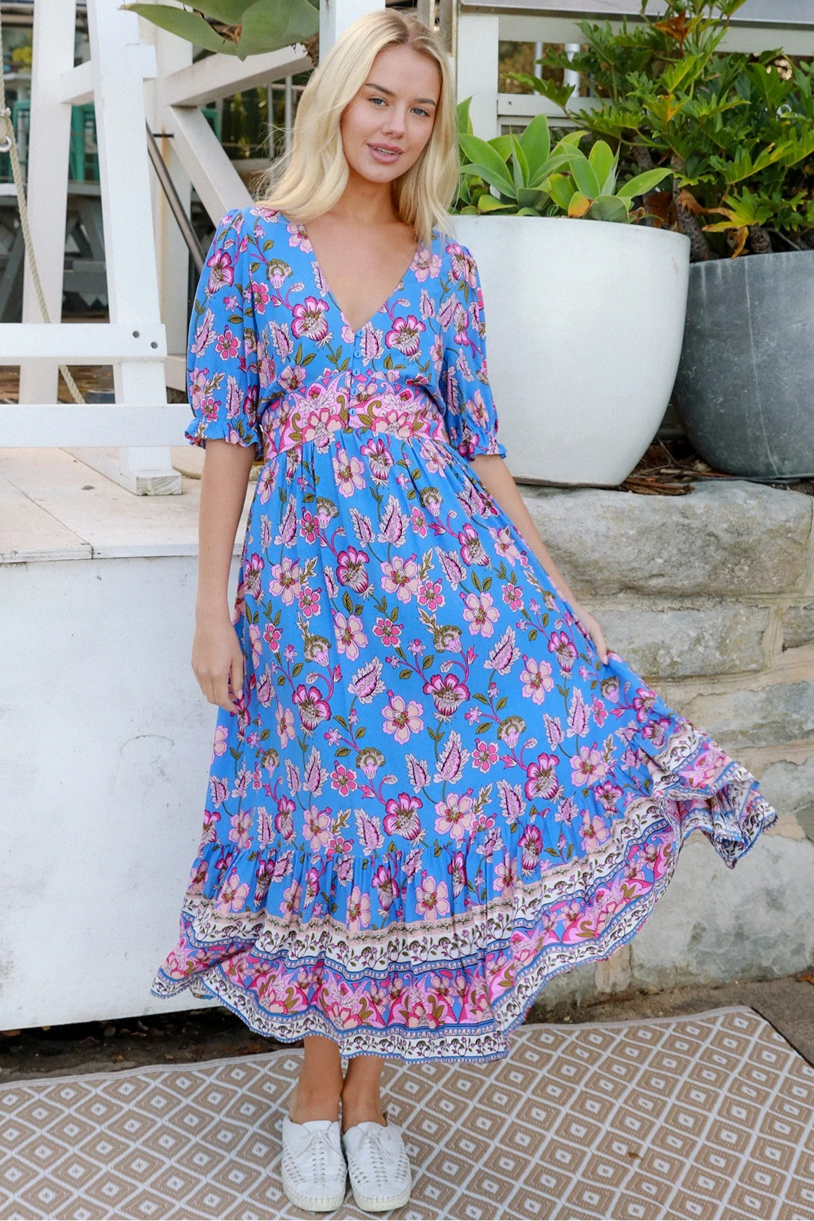 Indigo Periwinkle boho midi dress in rayon with pink and lilac florals and border-print frill hemline - Bluebell Riviera