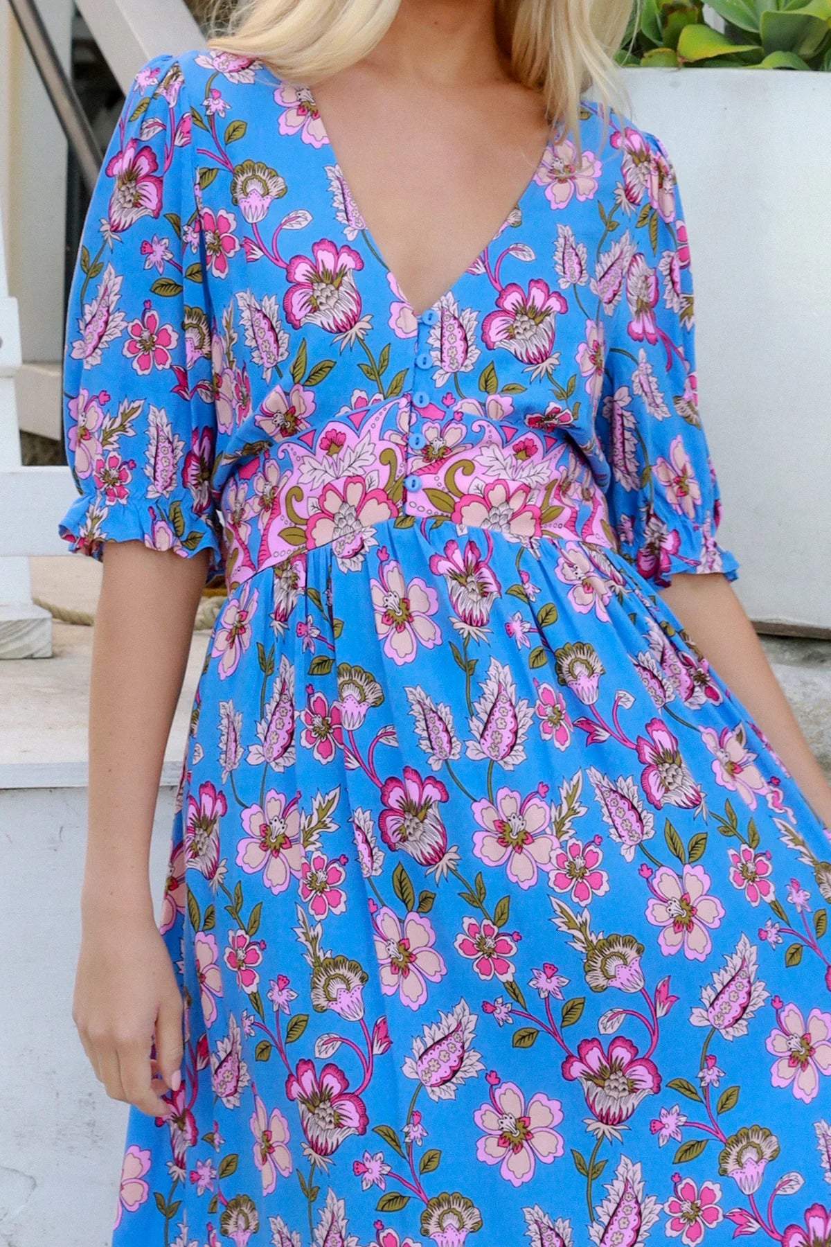 Indigo Periwinkle boho midi dress in rayon with pink and lilac florals and border-print frill hemline - Bluebell Riviera