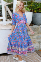 Indigo Periwinkle boho midi dress in rayon with pink and lilac florals and border-print frill hemline - Bluebell Riviera