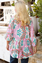Model wearing Fiorella Boho Top in pink aqua coral teal print with voluminous sleeves - boho blouse Australia