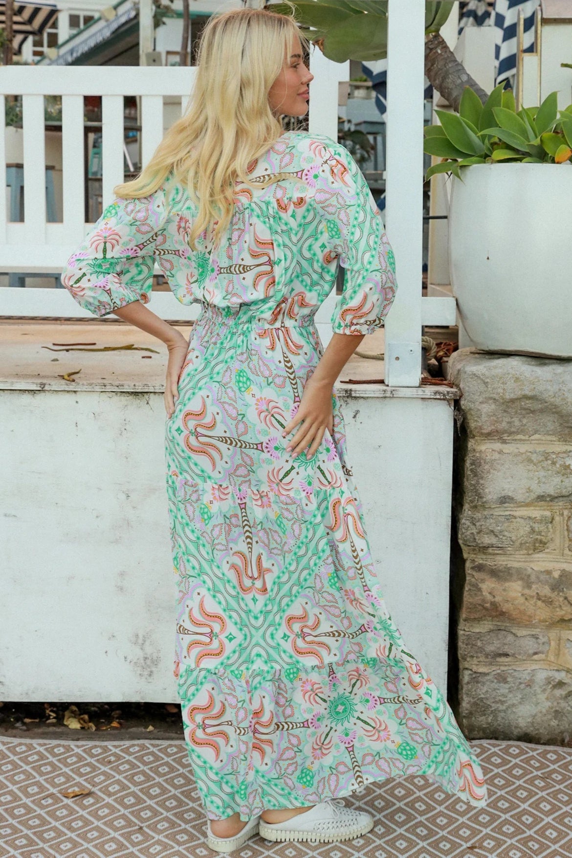 Fiorella green rayon boho maxi dress with button-through front, tie waist and half sleeves - Australian bohemian fashion.