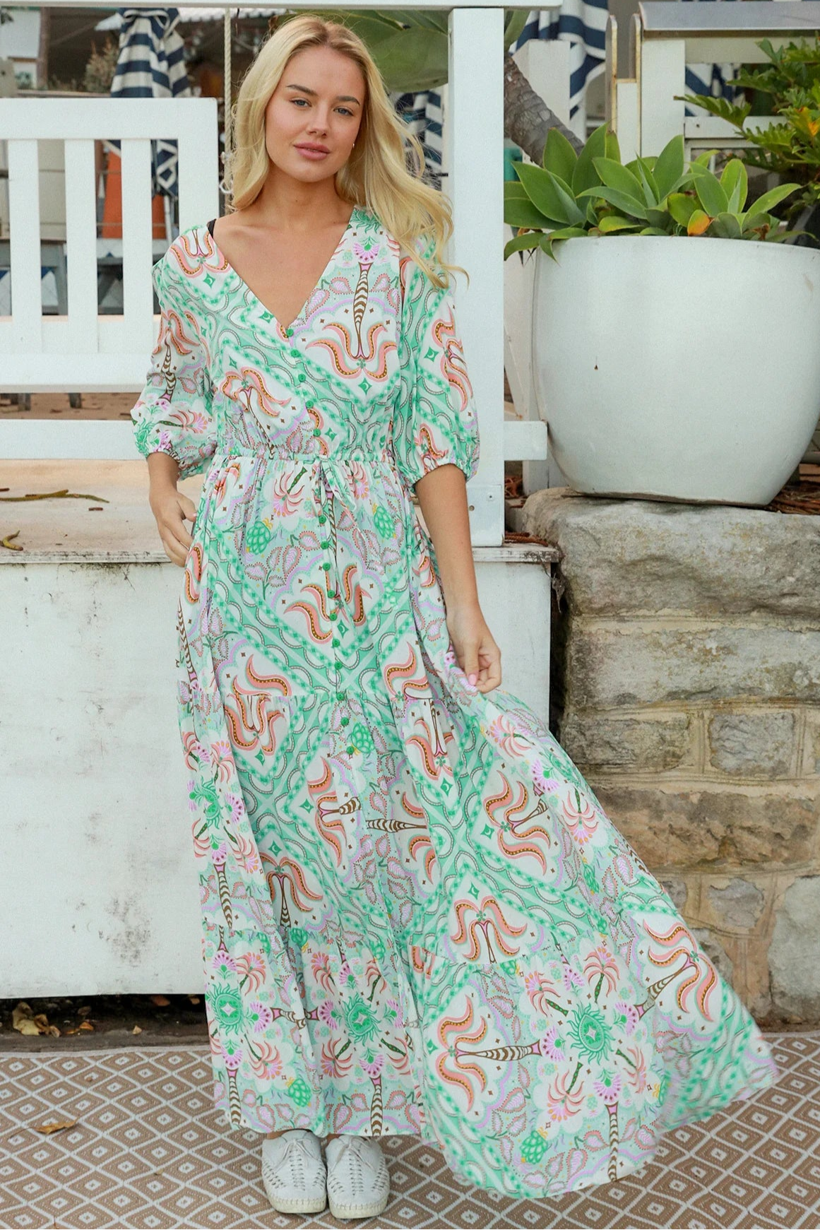 Fiorella green rayon boho maxi dress with button-through front, tie waist and half sleeves - Australian bohemian fashion.