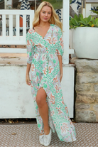 Fiorella green rayon boho maxi dress with button-through front, tie waist and half sleeves - Australian bohemian fashion.