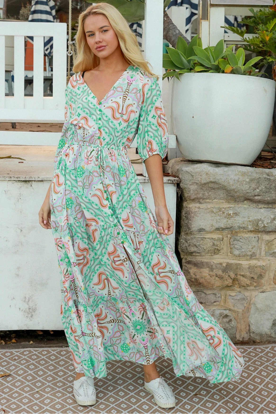 Fiorella green rayon boho maxi dress with button-through front, tie waist and half sleeves - Australian bohemian fashion.