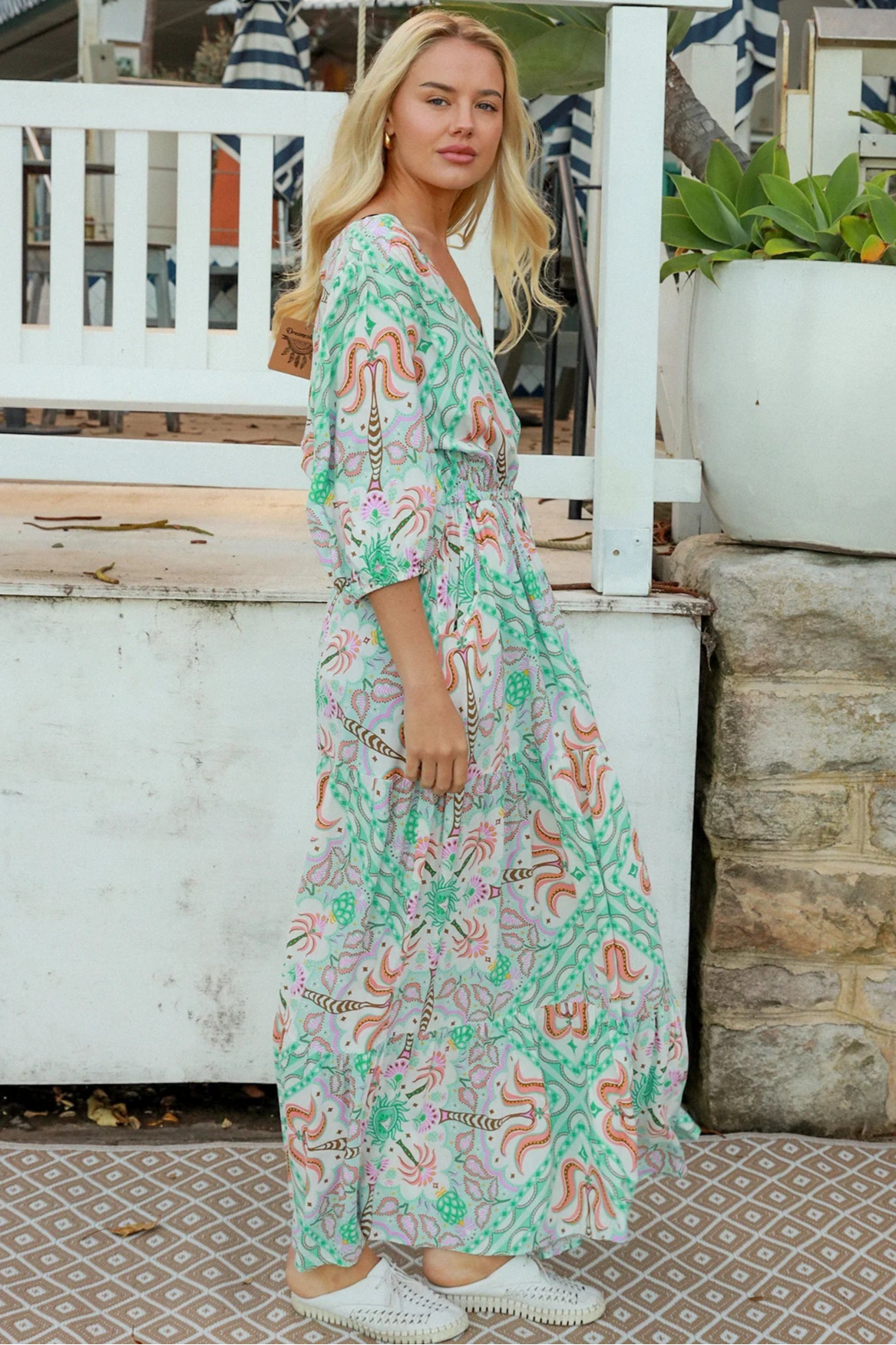 Fiorella green rayon boho maxi dress with button-through front, tie waist and half sleeves - Australian bohemian fashion.