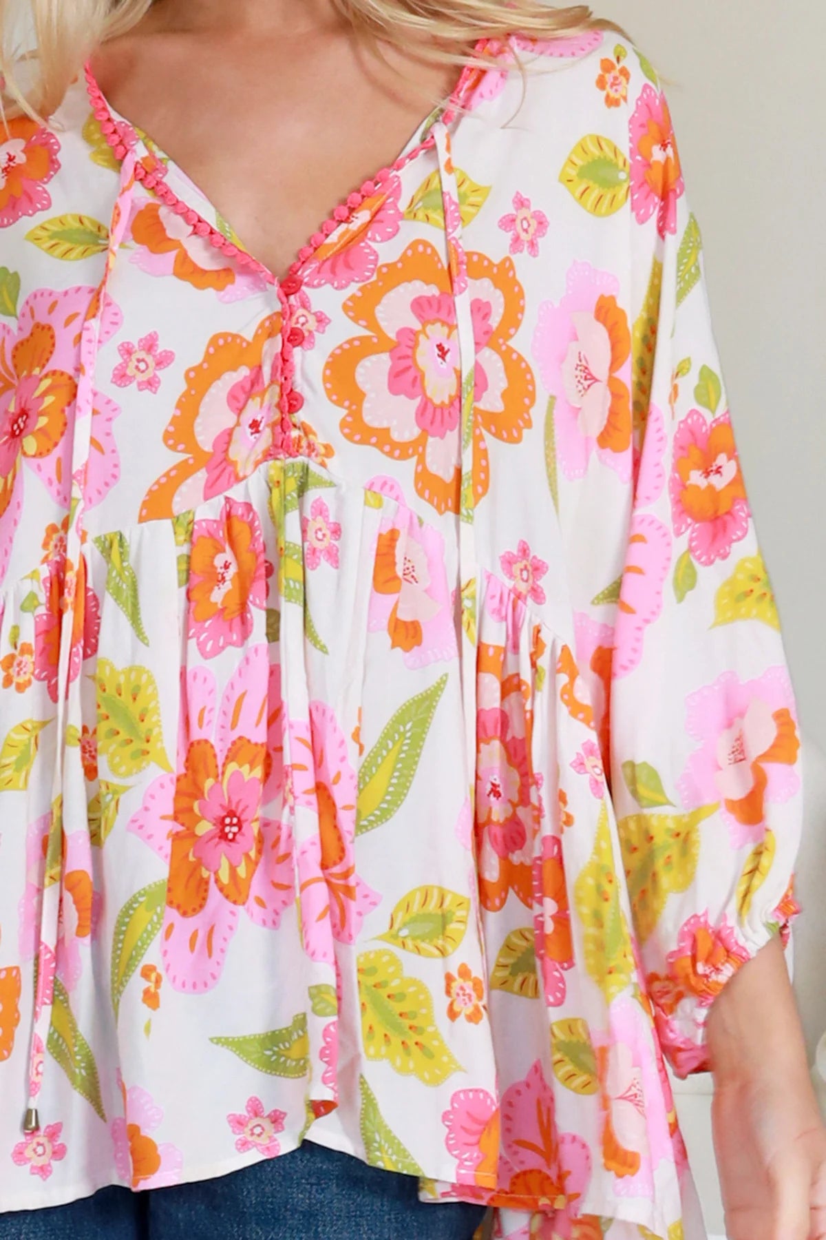 White floral rayon peplum boho blouse with v-neck beaded ties and soft elastic sleeve - The Isla Grace Top