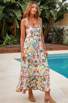 Women in Chiara Floral maxi Dress with strawberry and lemon print, zig-zag lace trim, boho  frill hem - bohemian fashion Australia.