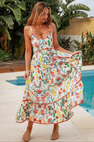 Women in Chiara Floral maxi Dress with strawberry and lemon print, zig-zag lace trim, boho  frill hem - bohemian fashion Australia.