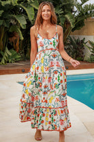 Women in Chiara Floral maxi Dress with strawberry and lemon print, zig-zag lace trim, boho  frill hem - bohemian fashion Australia.