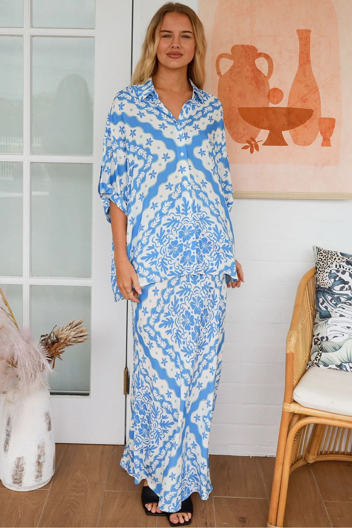 Dreamcatcher Emmy blue floral rayon maxi skirt with A-line shape flat front waist elastic back and ankle length hem