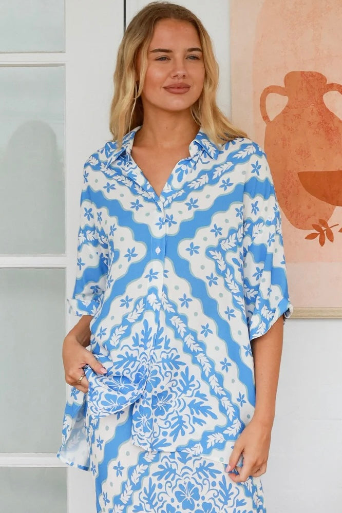 Dreamcatcher Emmy oversized blue floral rayon shirt with button front back yoke pleats and roll-tab sleeve detail