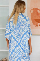 Dreamcatcher Emmy oversized blue floral rayon shirt with button front back yoke pleats and roll-tab sleeve detail