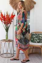 Cuba Bloom kaftan midi dress in coral and green print - viscose linen blend on size 8-16 Australia