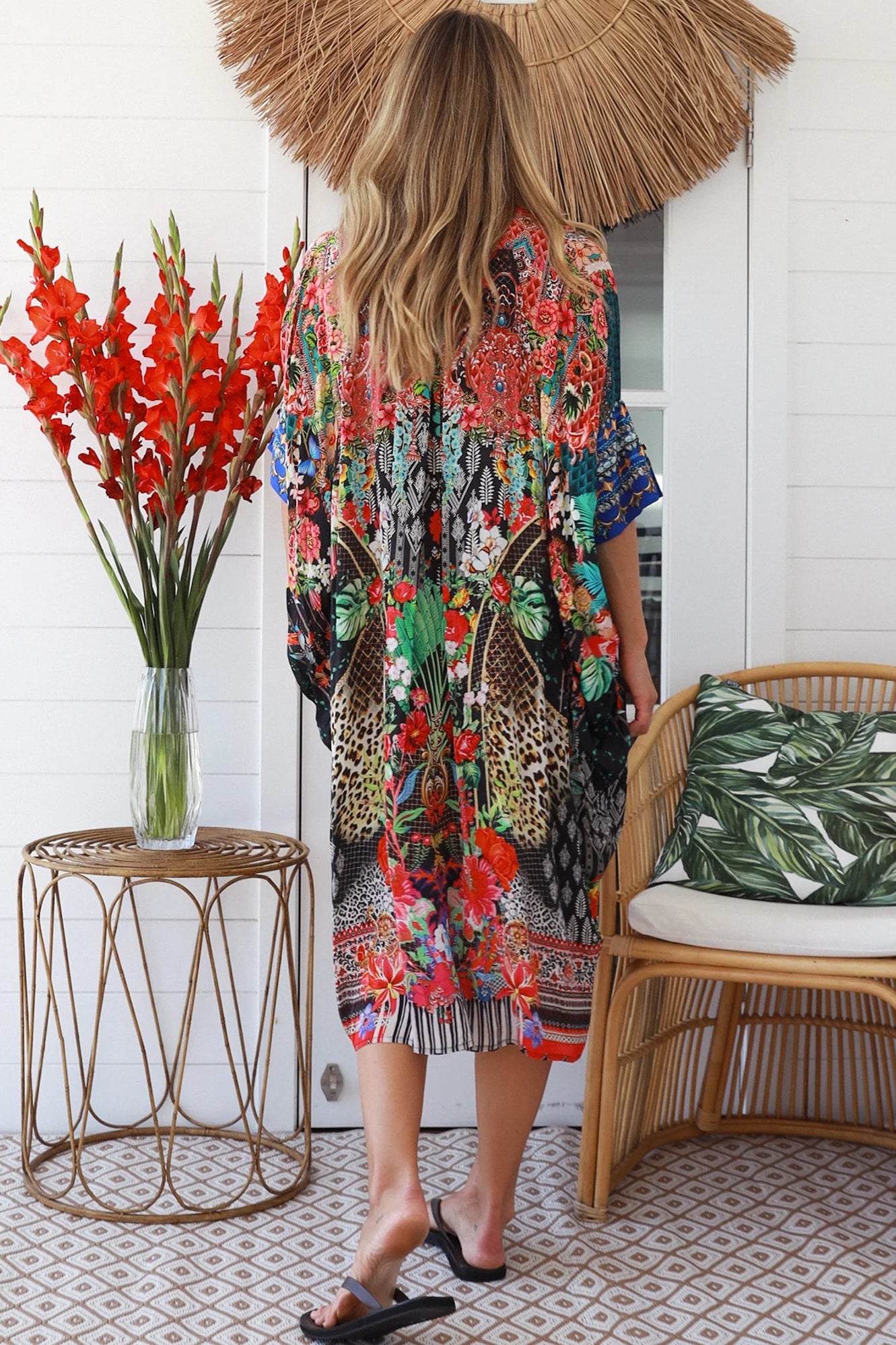 Cuba Bloom kaftan midi dress in coral and green print - viscose linen blend on size 8-16 Australia