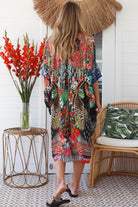 Cuba Bloom kaftan midi dress in coral and green print - viscose linen blend on size 8-16 Australia