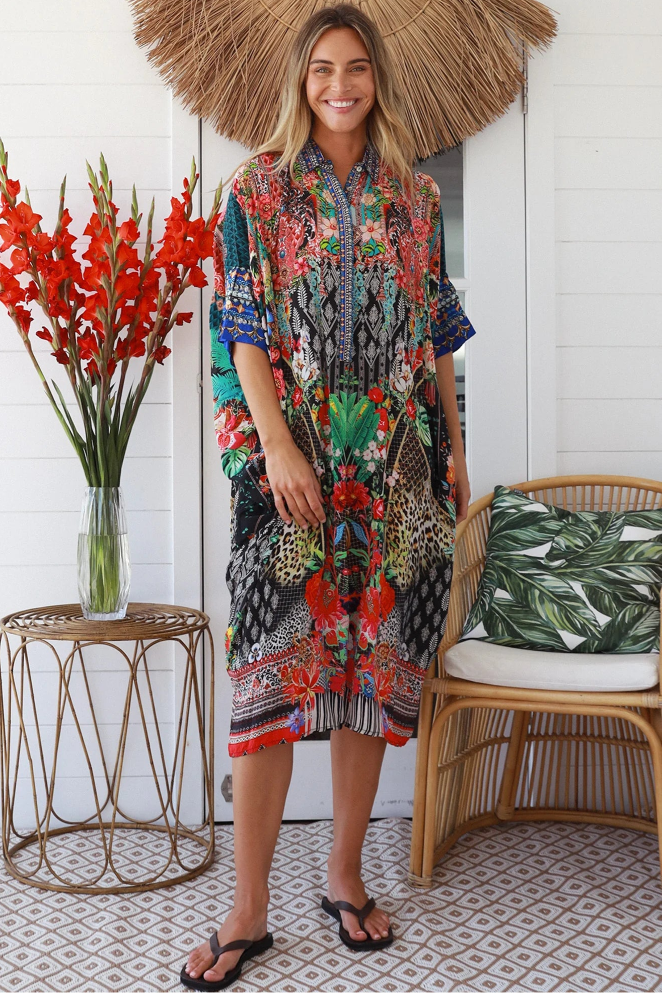Cuba Bloom kaftan midi dress in coral and green print - viscose linen blend on size 8-16 Australia
