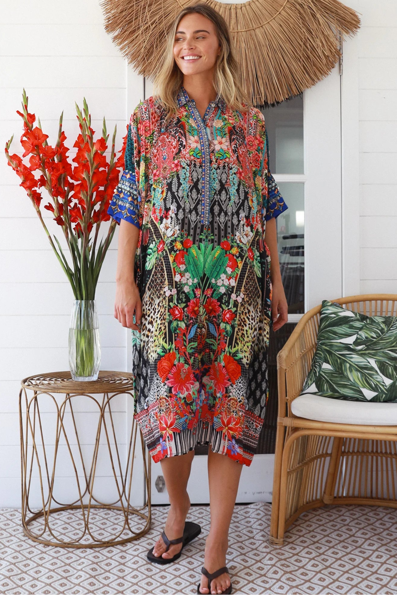 Cuba Bloom kaftan midi dress in coral and green print - viscose linen blend on size 8-16 Australia