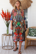 Cuba Bloom kaftan midi dress in coral and green print - viscose linen blend on size 8-16 Australia