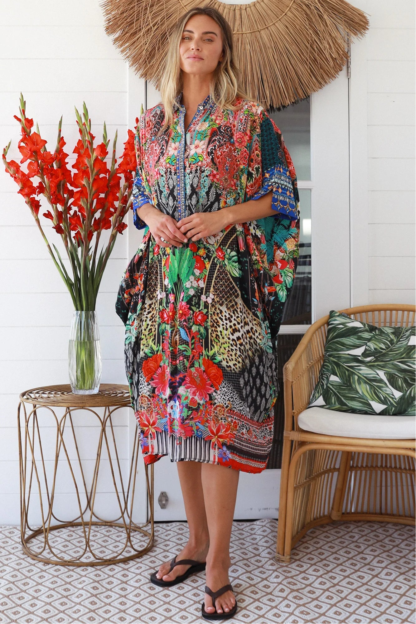 Cuba Bloom kaftan midi dress in coral and green print - viscose linen blend on size 8-16 Australia