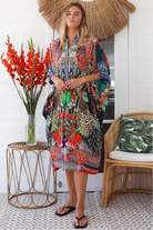 Cuba Bloom kaftan midi dress in coral and green print - viscose linen blend on size 8-16 Australia