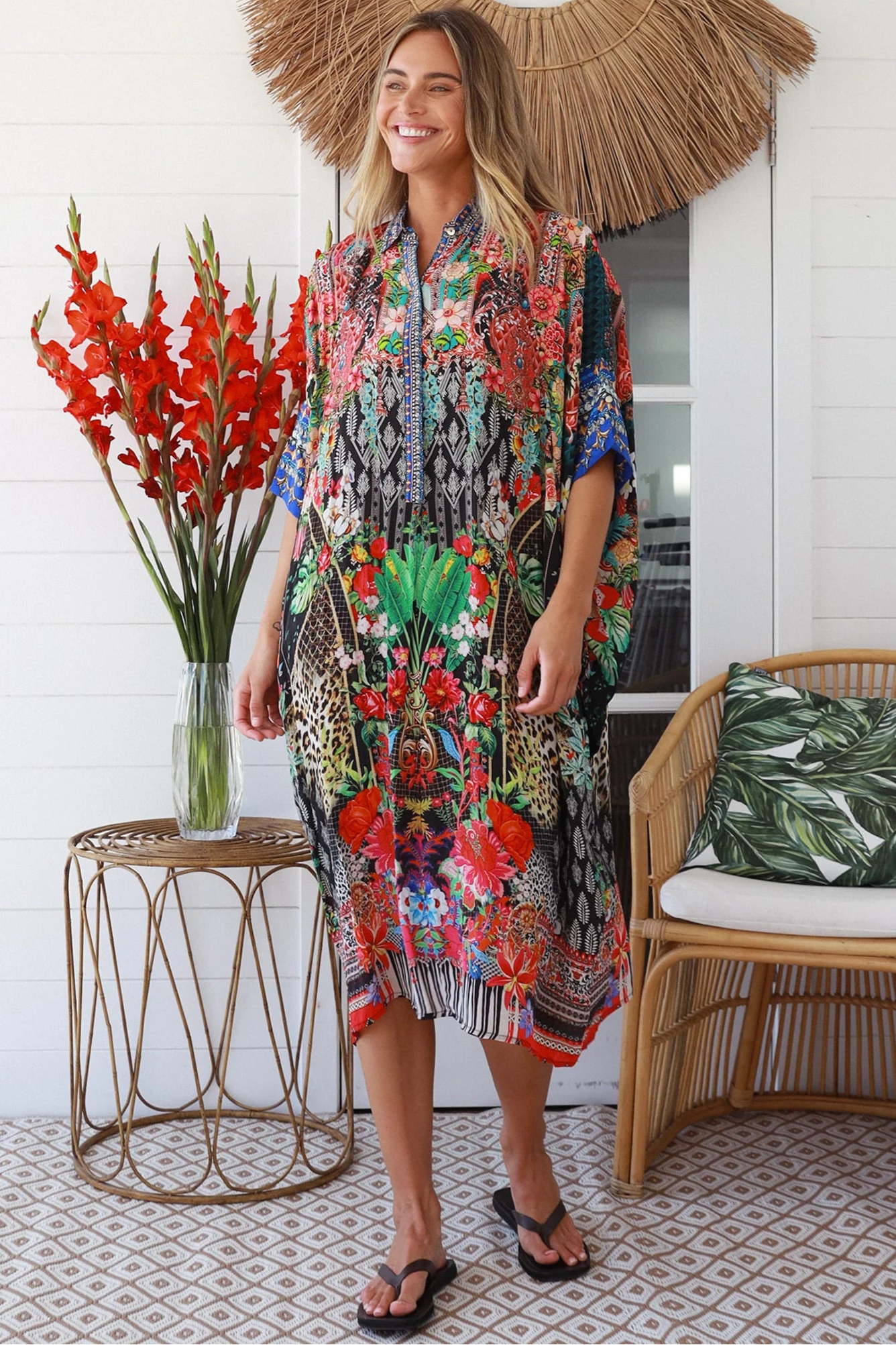 Cuba Bloom kaftan midi dress in coral and green print - viscose linen blend on size 8-16 Australia