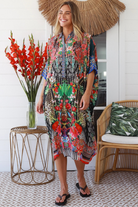 Cuba Bloom kaftan midi dress in coral and green print - viscose linen blend on size 8-16 Australia