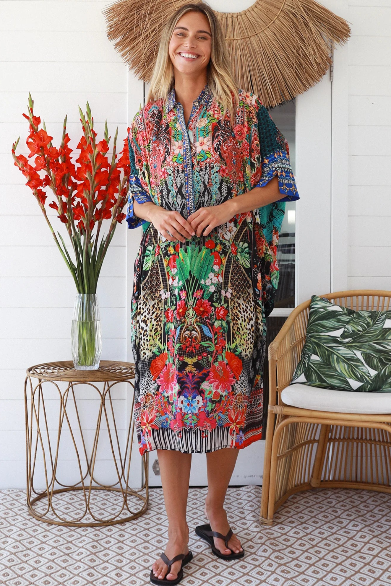 Cuba Bloom kaftan midi dress in coral and green print - viscose linen blend on size 8-16 Australia