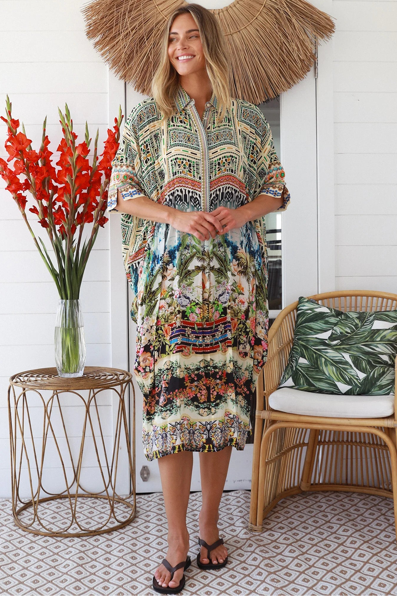 Woman wearing Oasis Kaftan Midi Dress in neutral geometric print with mosaic sleeve trim and petite collar – Peacock Feather Resort Collection