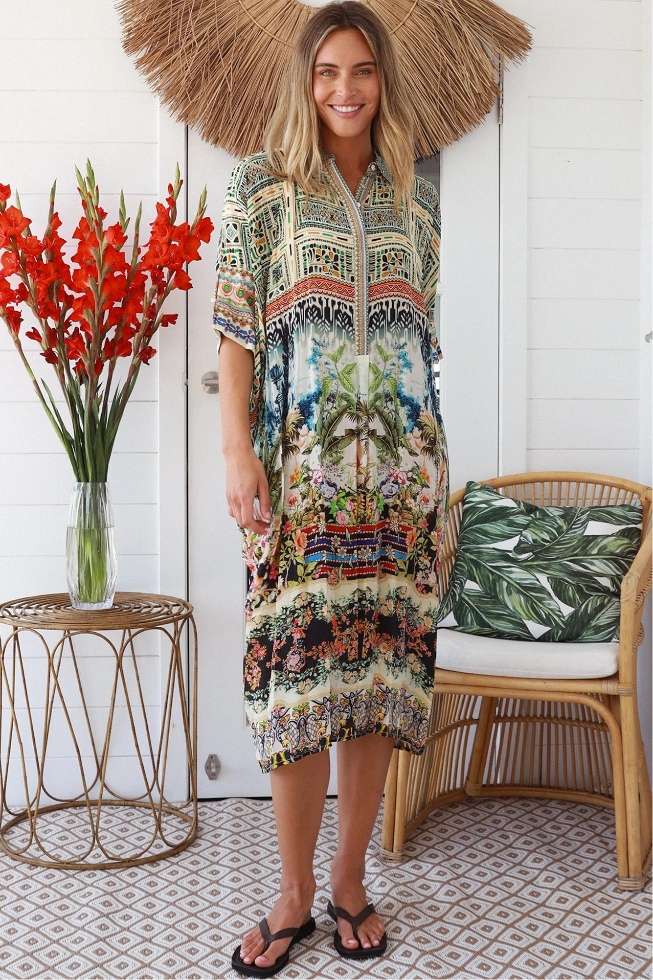 Woman wearing Oasis Kaftan Midi Dress in neutral geometric print with mosaic sleeve trim and petite collar – Peacock Feather Resort Collection