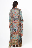 Mirage Kaftan Vintage Mint bohemian viscose crepe kaftan with botanical print, birds, rhinestones and tassel ties