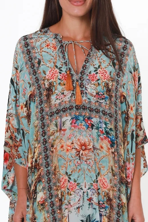 Mirage Kaftan Vintage Mint bohemian viscose crepe kaftan with botanical print, birds, rhinestones and tassel ties