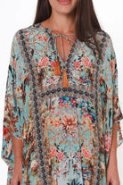 Mirage Kaftan Vintage Mint bohemian viscose crepe kaftan with botanical print, birds, rhinestones and tassel ties