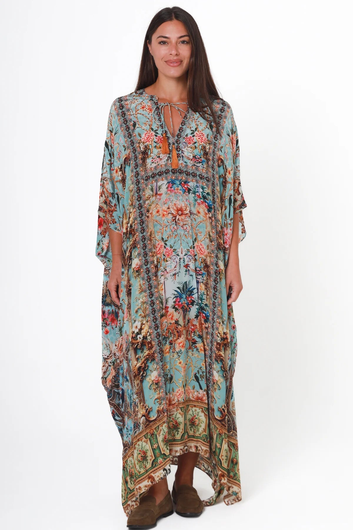Mirage Kaftan Vintage Mint bohemian viscose crepe kaftan with botanical print, birds, rhinestones and tassel ties