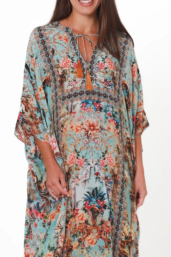 Mirage Kaftan Vintage Mint bohemian viscose crepe kaftan with botanical print, birds, rhinestones and tassel ties