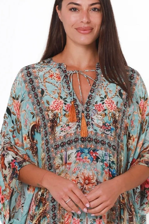 Mirage Kaftan Vintage Mint bohemian viscose crepe kaftan with botanical print, birds, rhinestones and tassel ties