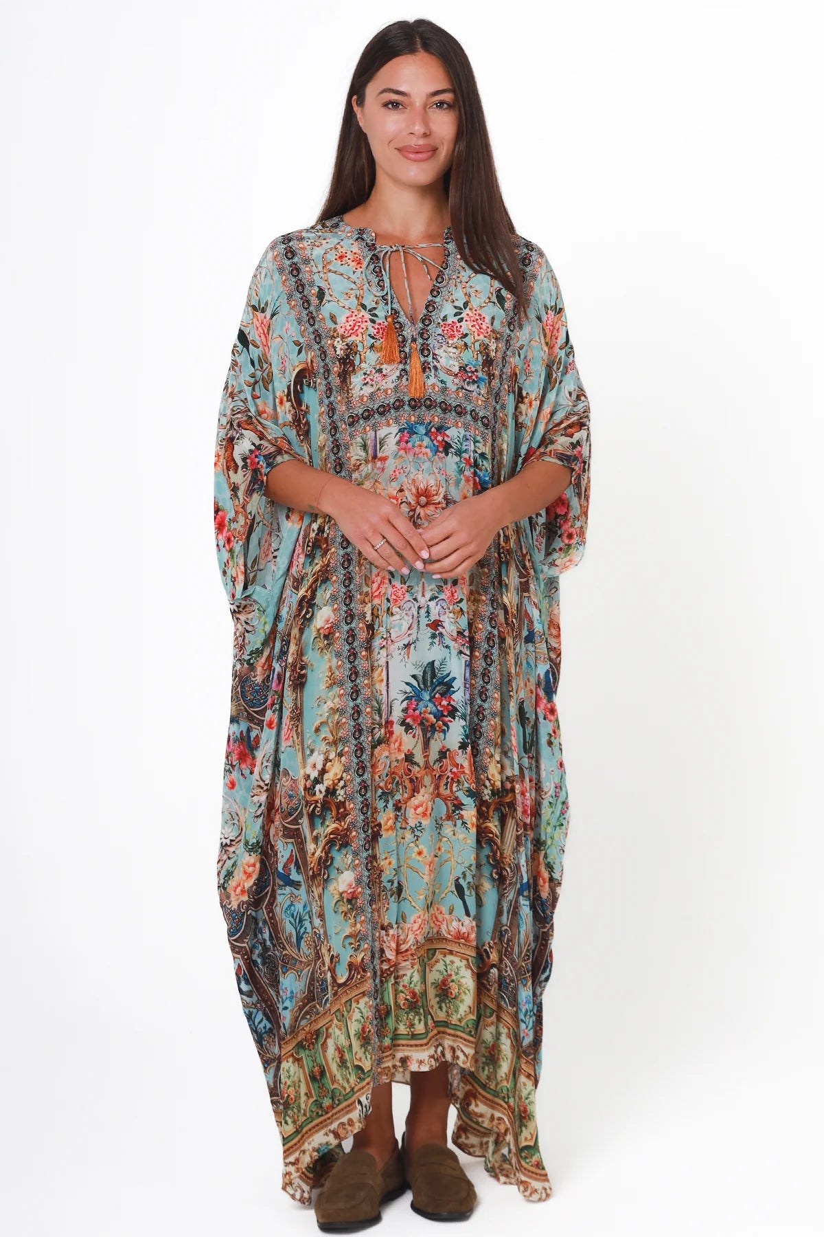 Mirage Kaftan Vintage Mint bohemian viscose crepe kaftan with botanical print, birds, rhinestones and tassel ties