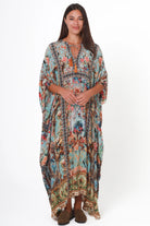 Mirage Kaftan Vintage Mint bohemian viscose crepe kaftan with botanical print, birds, rhinestones and tassel ties