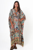 Mirage Kaftan Vintage Mint bohemian viscose crepe kaftan with botanical print, birds, rhinestones and tassel ties