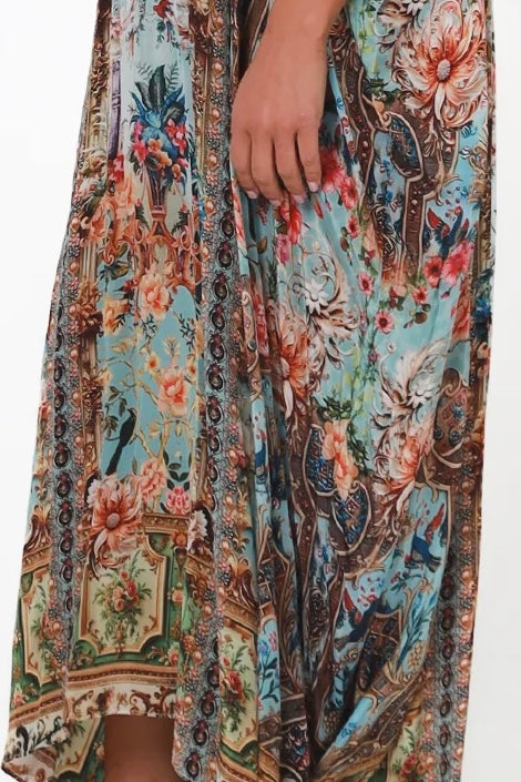 Mirage Kaftan Vintage Mint bohemian viscose crepe kaftan with botanical print, birds, rhinestones and tassel ties