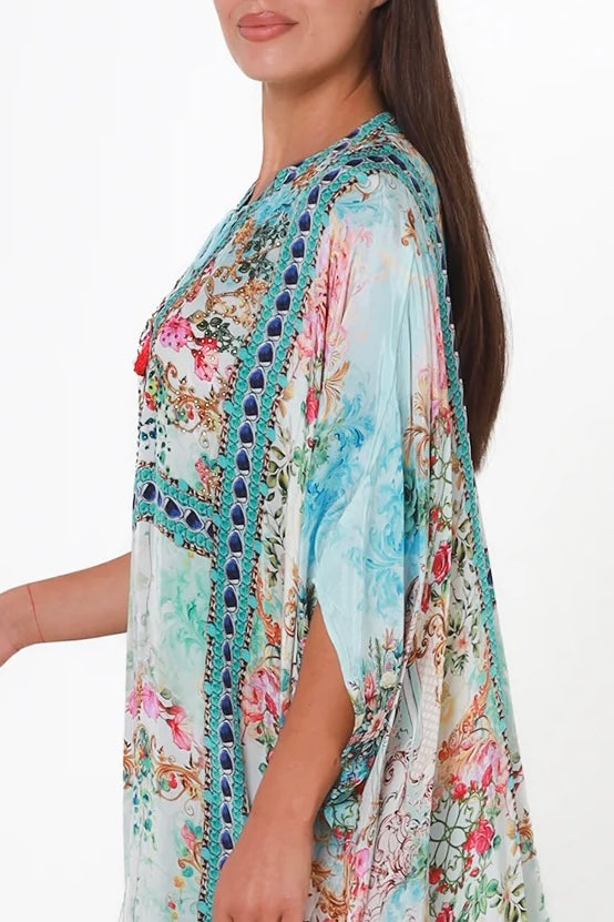 Mirage Kaftan Aqua Bloom bohemian floral viscose crepe kaftan with rhinestones
