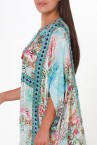 Mirage Kaftan Aqua Bloom bohemian floral viscose crepe kaftan with rhinestones