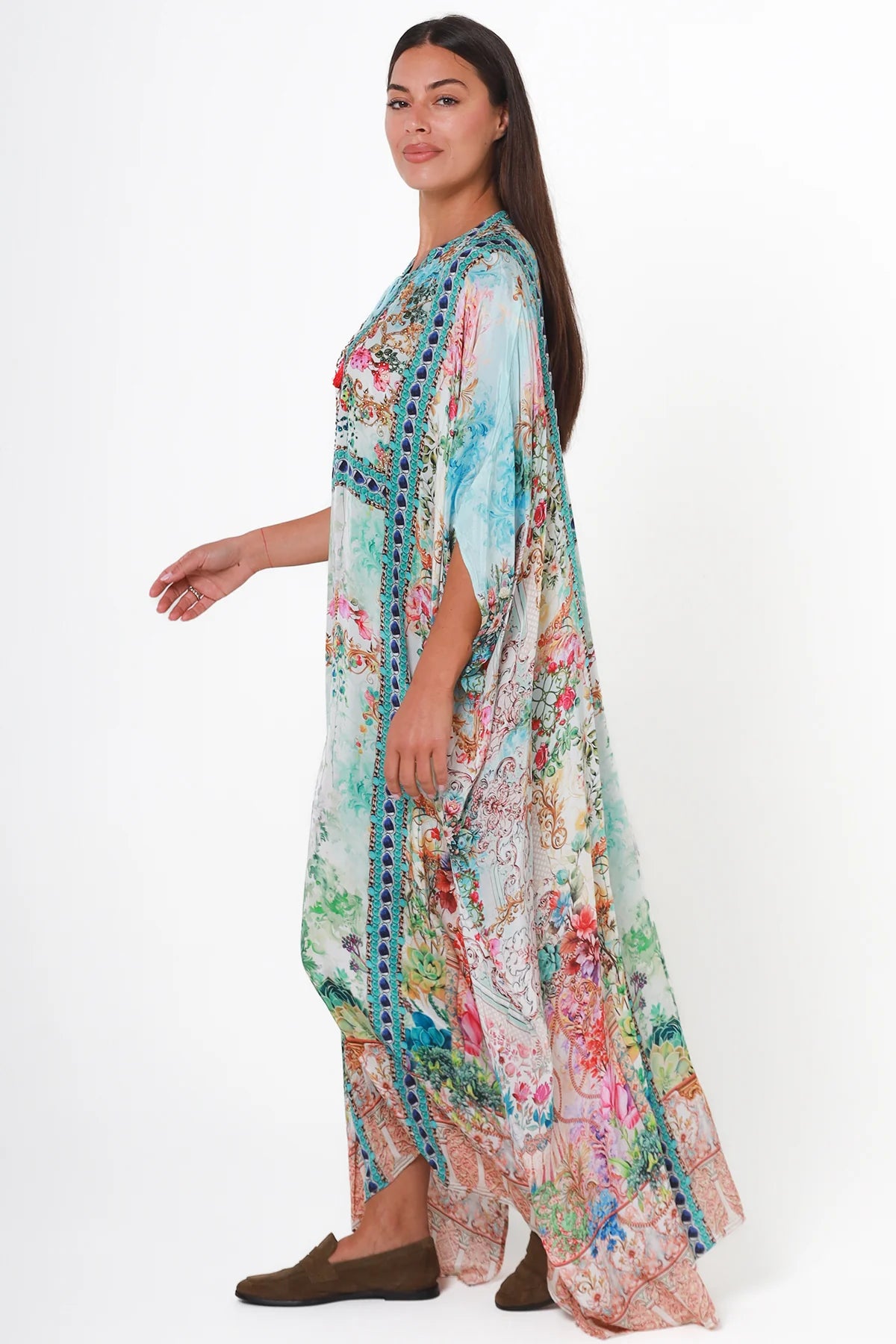 Mirage Kaftan Aqua Bloom bohemian floral viscose crepe kaftan with rhinestones