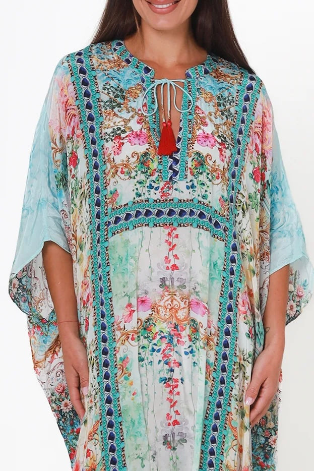 Mirage Kaftan Aqua Bloom bohemian floral viscose crepe kaftan with rhinestones